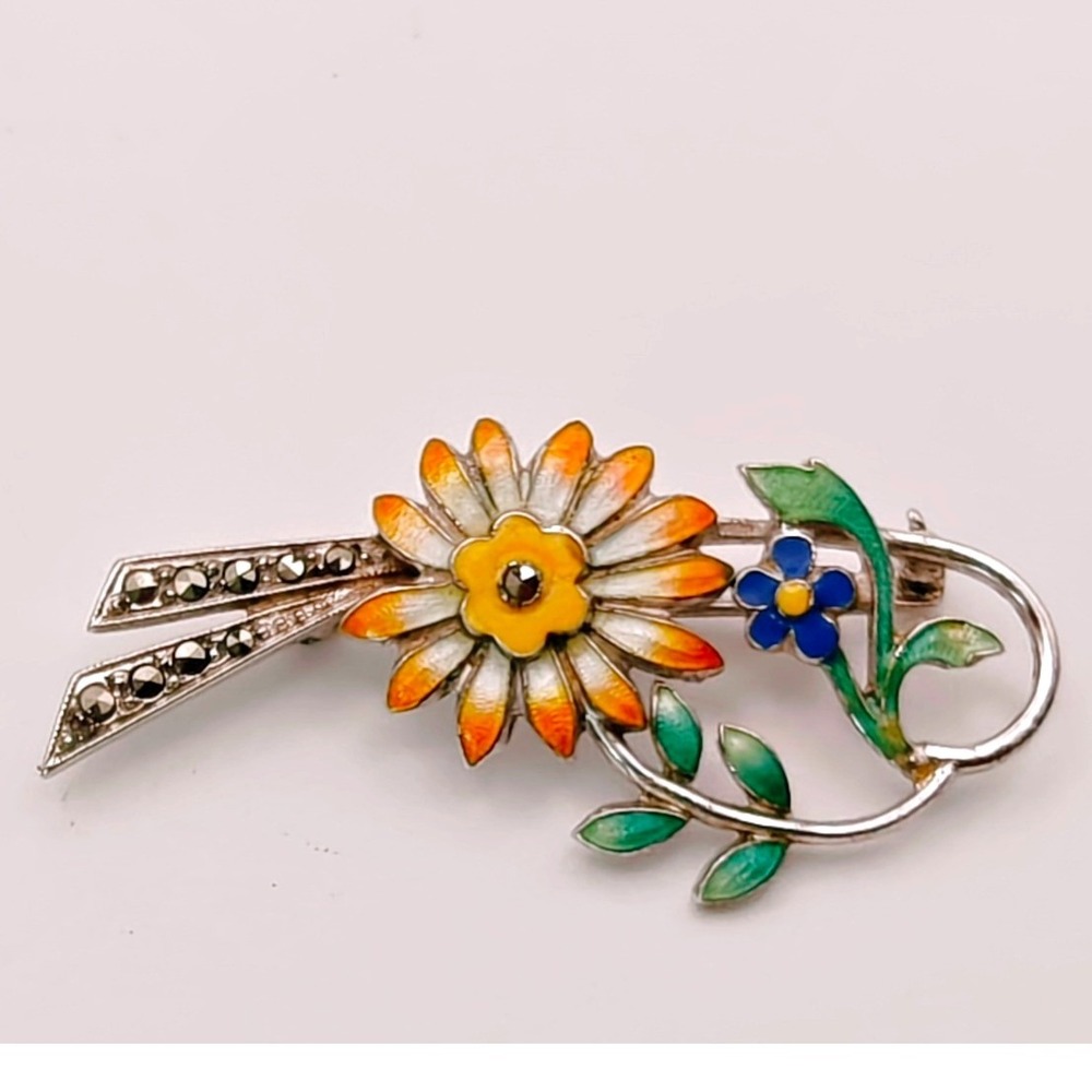 Vintage Sterling Silver Enamel Marcasite Flower Brooch Pin Orange Daisy Blue